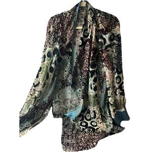 Vintage Silk Velvet Burnout Kimono - Turquoise Brown Satin Split Cuffs - Y2K Art